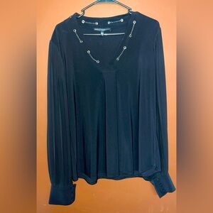 WHBM White House Black Market Black Sheer Long Sleeve Chain Link Top. Size Large